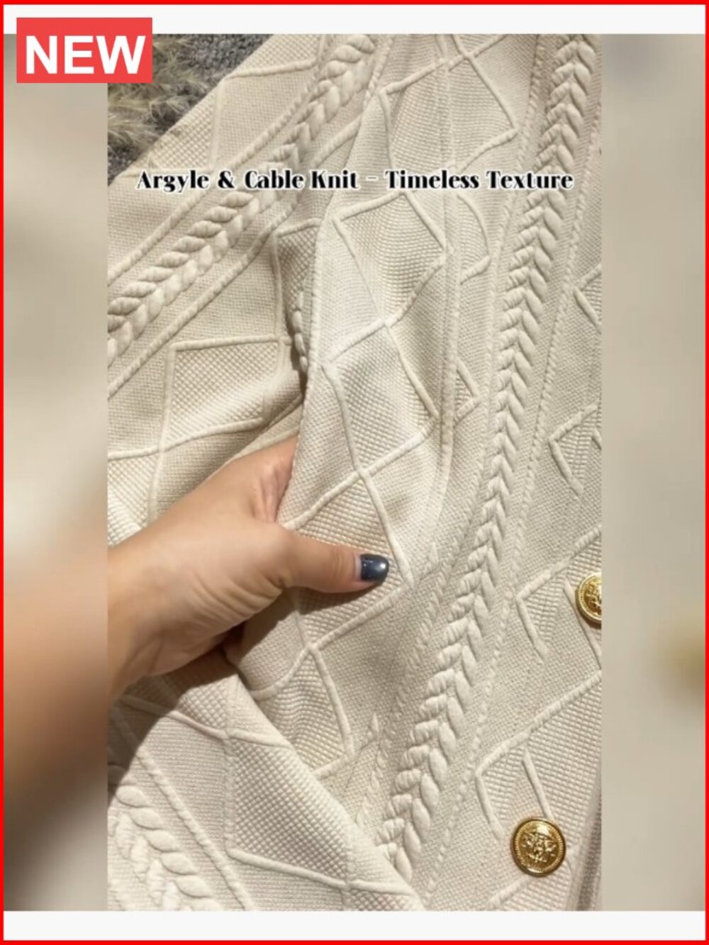 Argyle Cable Cardigan Lightweight Cropped Stand Collar Long Sleeve Metal Button - Picture 7 of 7
